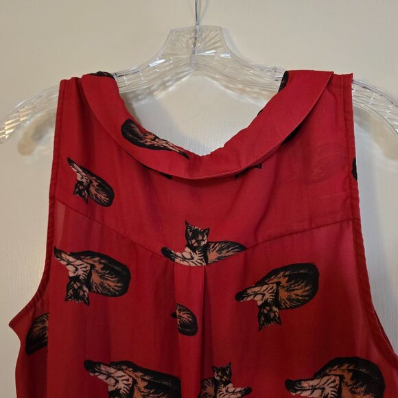 MODCLOTH - Minor Damange -  Cat Print Tank Top Collared V Neck Blouse in‎ Red 1X - Picture 9 of 11